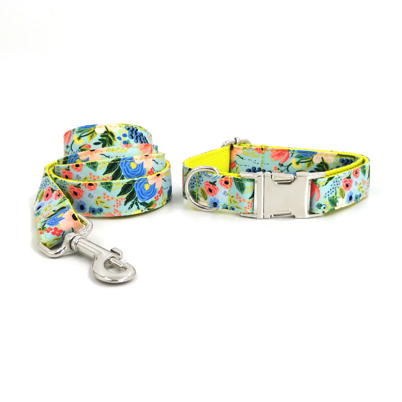 Floral Dog Collar & Leash Set – Garden Print with Metal Buckle