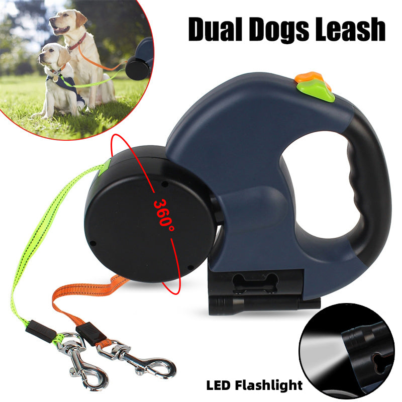 Dual Dog Leash Retractable 360° – Double Pet Lead with LED Flashlight & No Tangle
