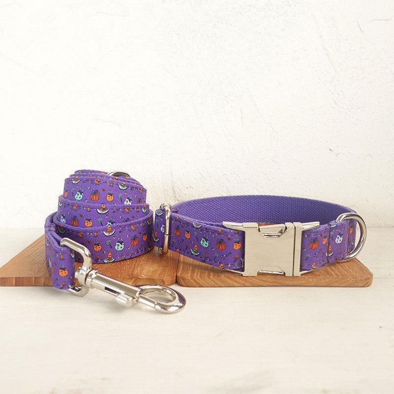 Halloween Dog Collar & Leash Set | Spooky Purple Print for Dogs XS/S/M/L/XL – Holiday Pet Costume Accessory